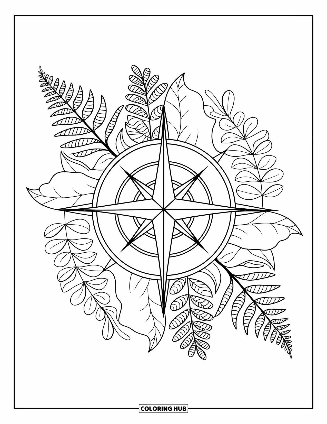 Summer Camp Coloring Page for Adults: A "Camp North" compass rose encircled by layered fern mandalas