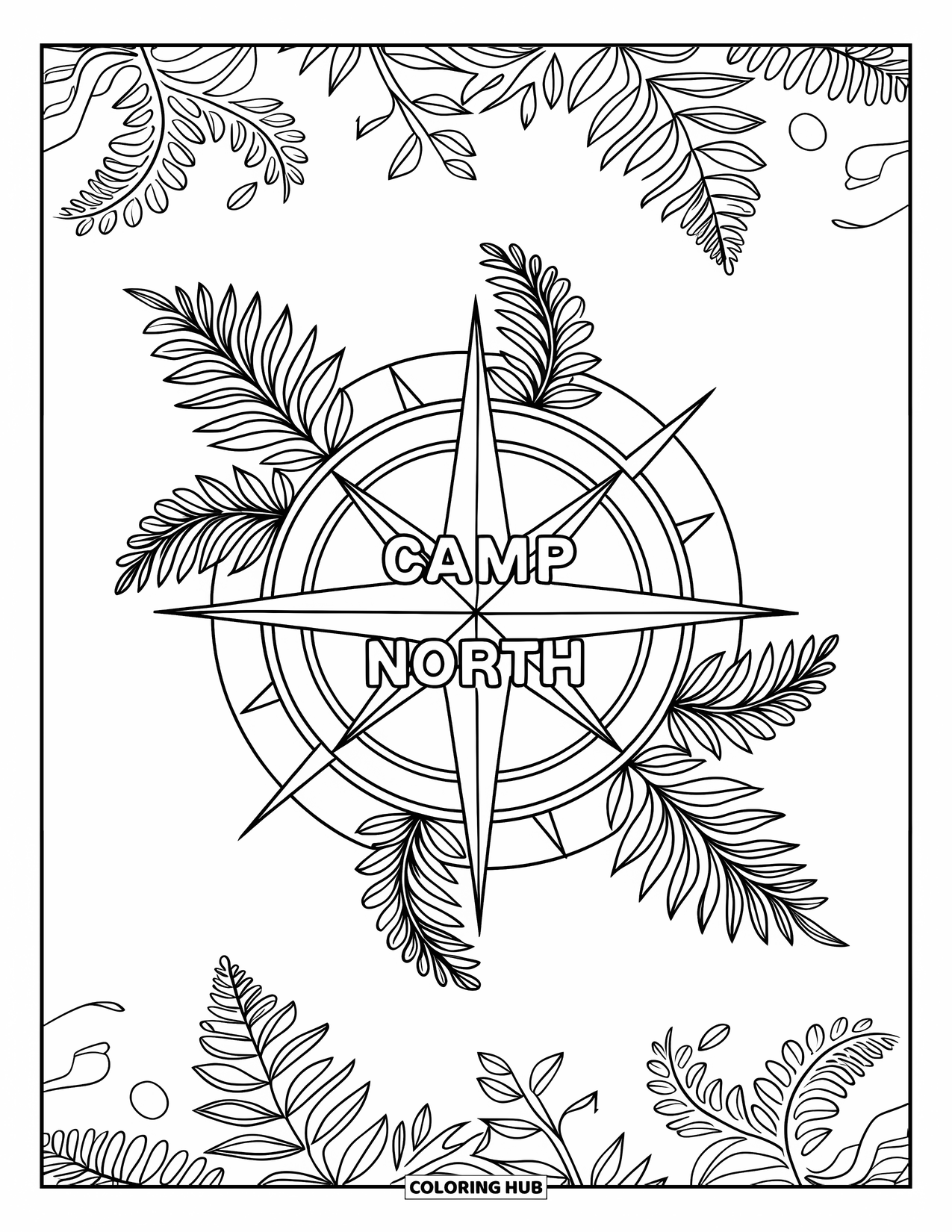 Summer Camp Coloring Page for Adults: A "Camp North" compass rose framed by intricate fern and leaf patterns
