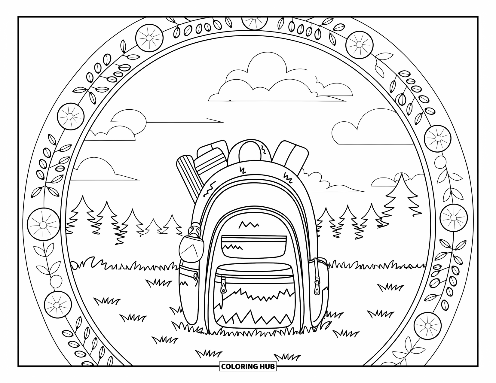 Summer Camp Coloring Page for Adults: A camping backpack in a field framed by floral mandalas and clouds