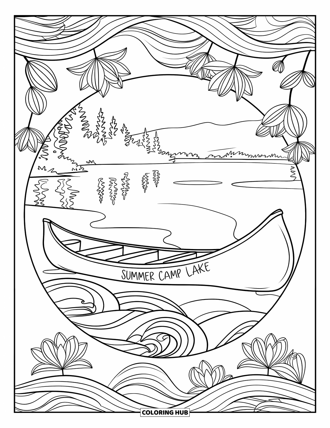 Summer Camp Coloring Page for Adults: A canoe labeled "Summer Camp Lake" framed by lilies and reflections