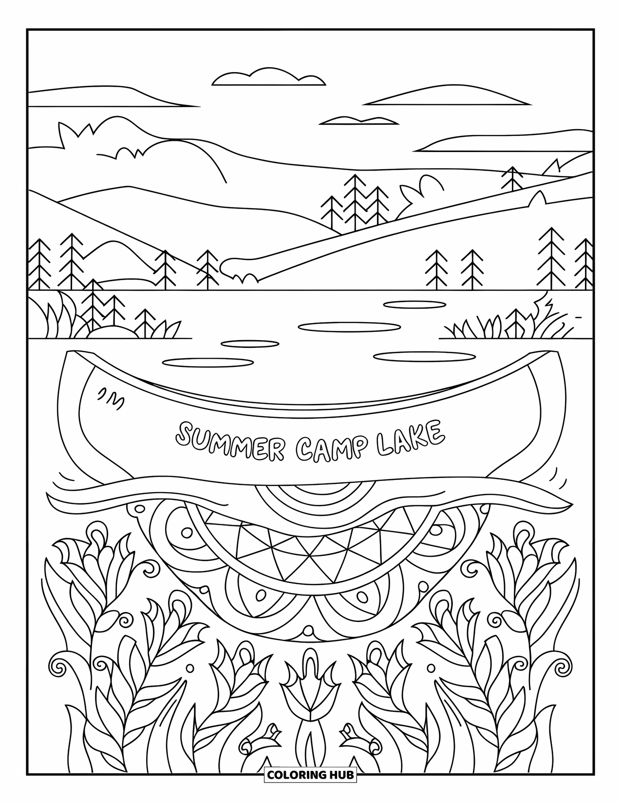 Summer Camp Coloring Page for Adults: A canoe labeled "Summer Camp Lake" surrounded by mandala waves