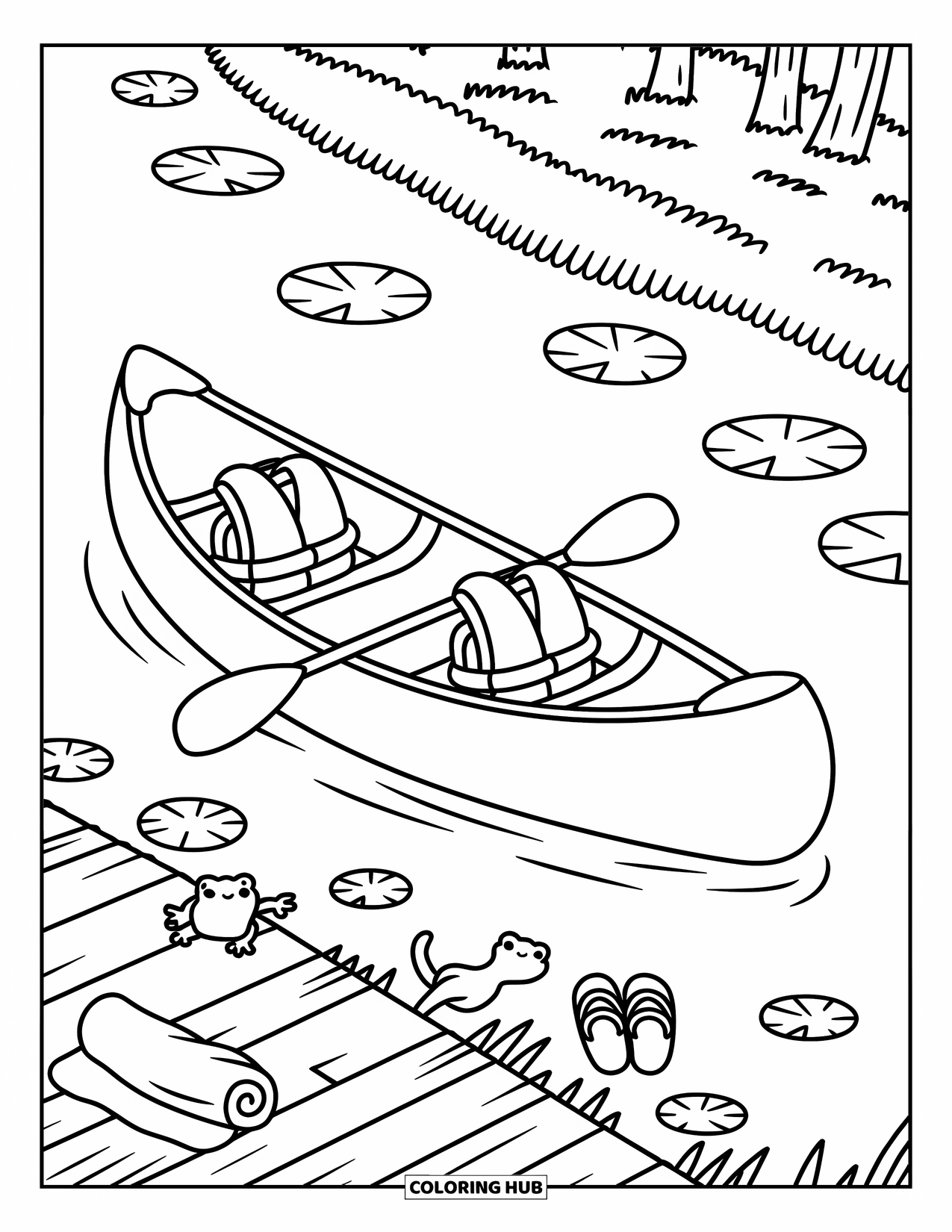 Summer Camp Coloring Page for Adults: A canoe on a calm lake with life jackets, paddles, and lily pads