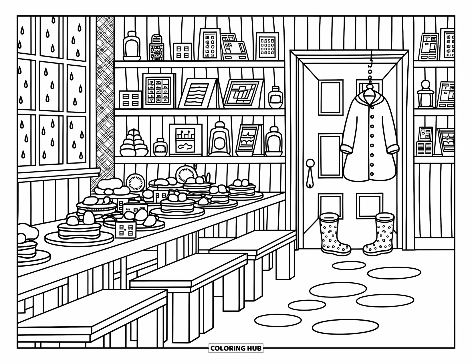 Summer Camp Coloring Page for Adults: A comfy mess hall scene with breakfast plates and puddles from the rain