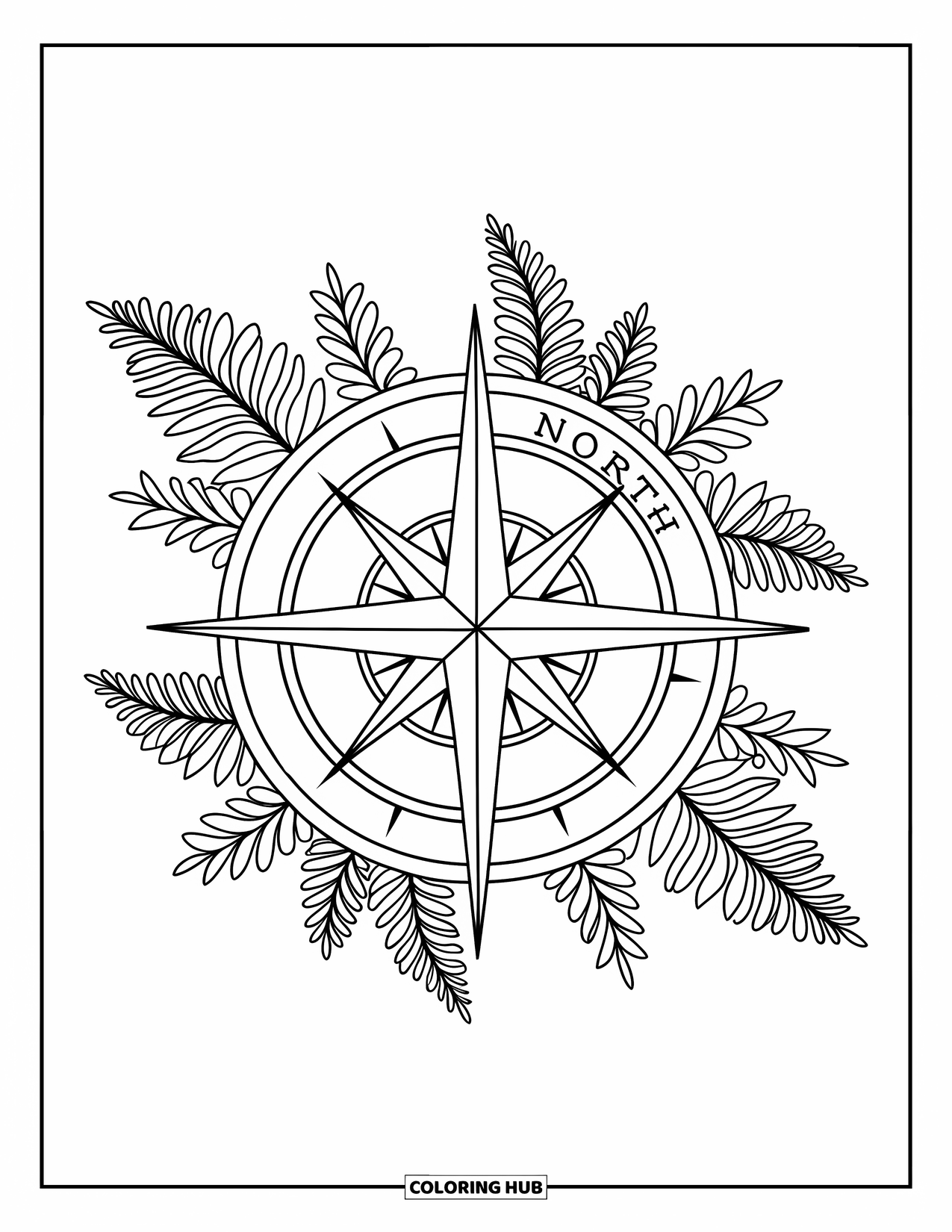 Summer Camp Coloring Page for Adults: A compass rose titled "Camp North" surrounded by fern mandalas
