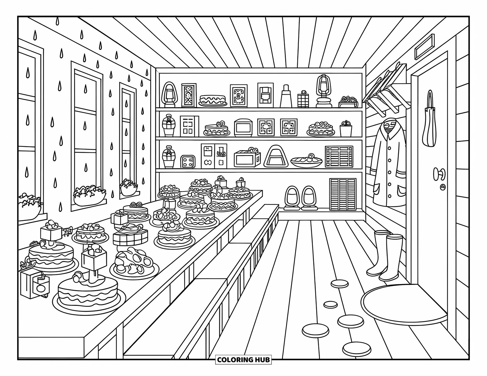 Summer Camp Coloring Page for Adults: A cozy mess hall filled with pancakes, fruit, and juice as rain falls outside
