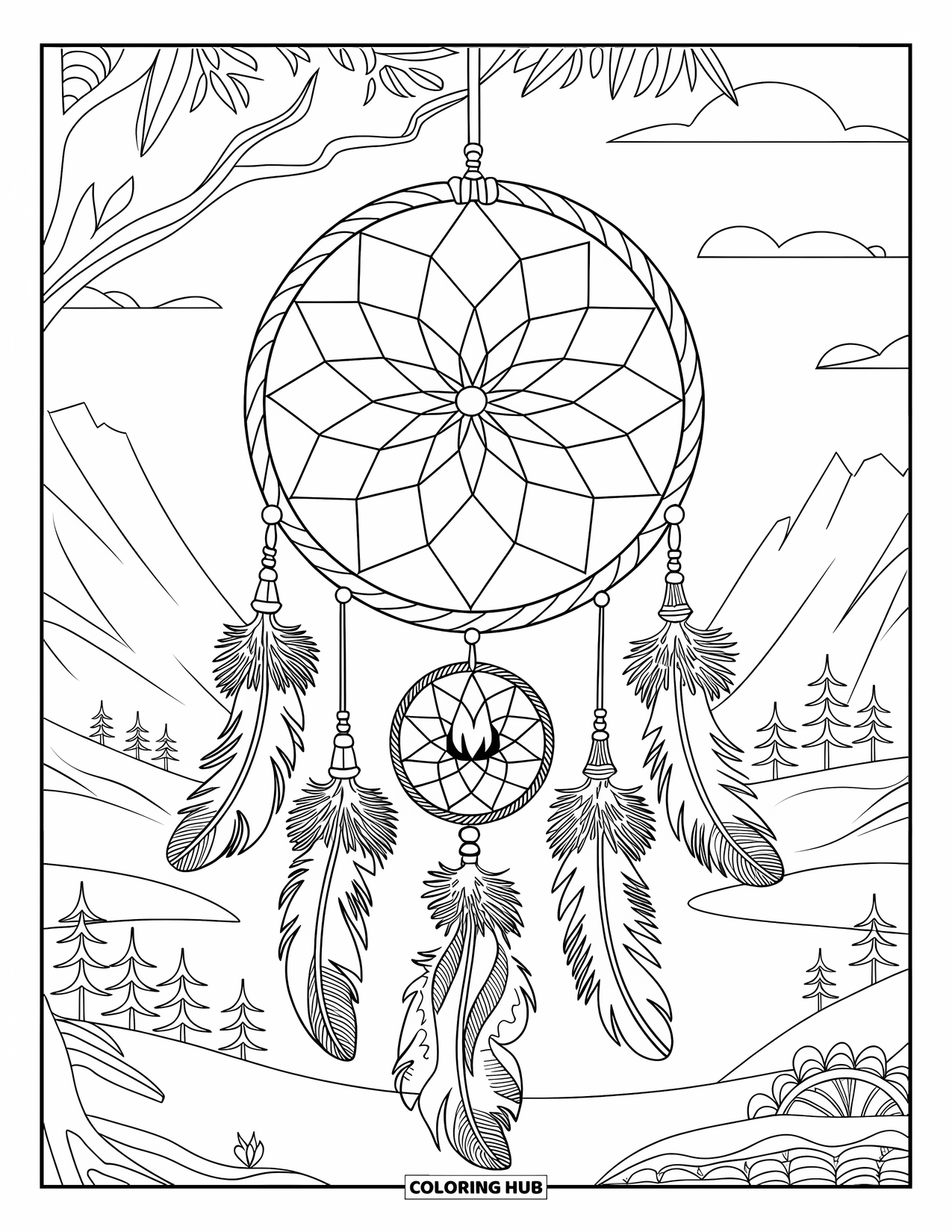 Summer Camp Coloring Page for Adults: A dreamcatcher hanging from a tree with feathers and camp icons