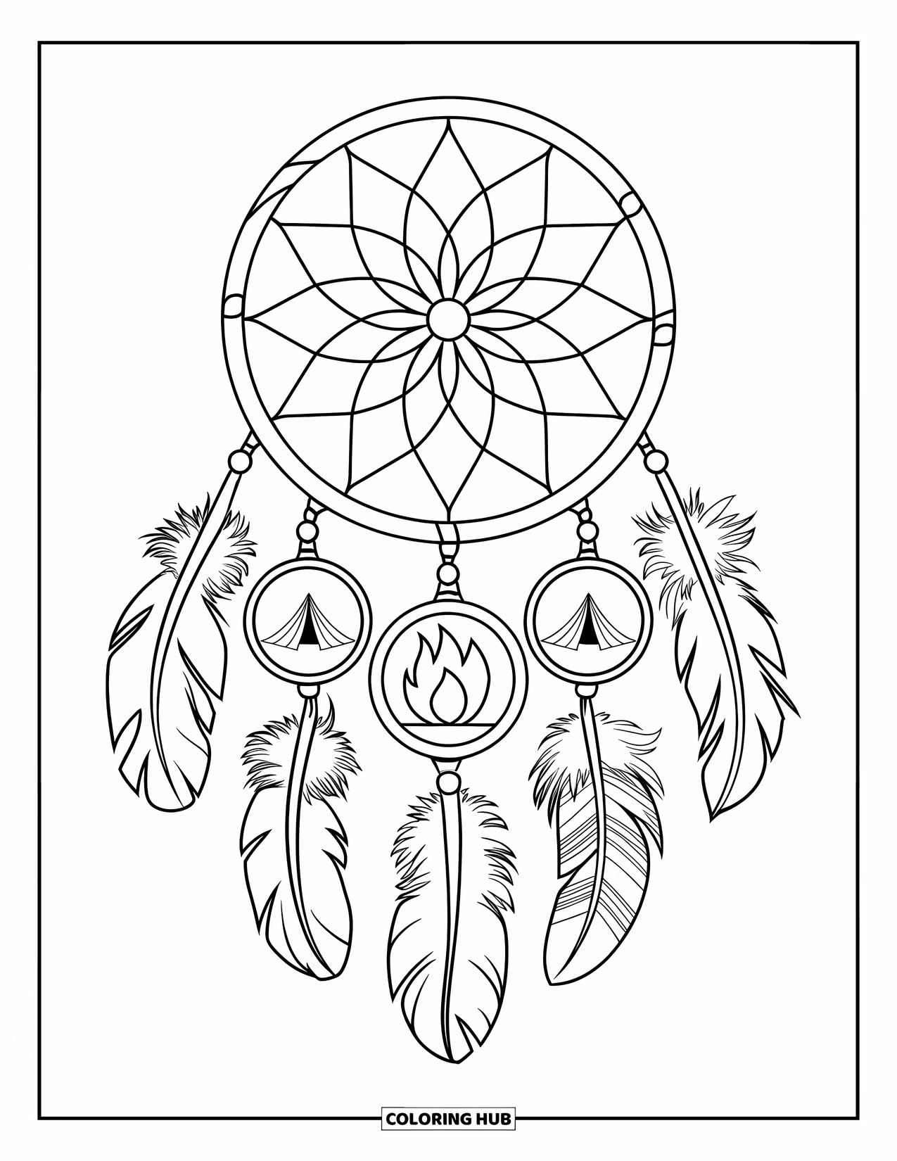 Summer Camp Coloring Page for Adults: A dreamcatcher with feathers, tents, and campfire symbols