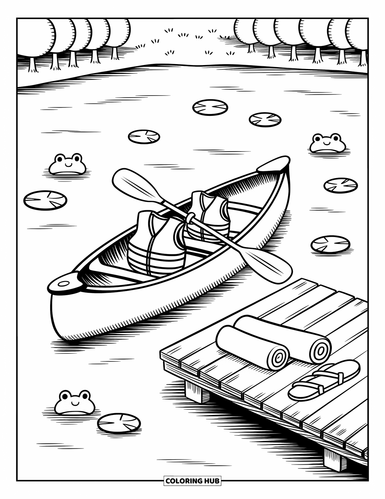Summer Camp Coloring Page for Adults: A peaceful lake with a canoe, frogs, and flip-flops on the pier