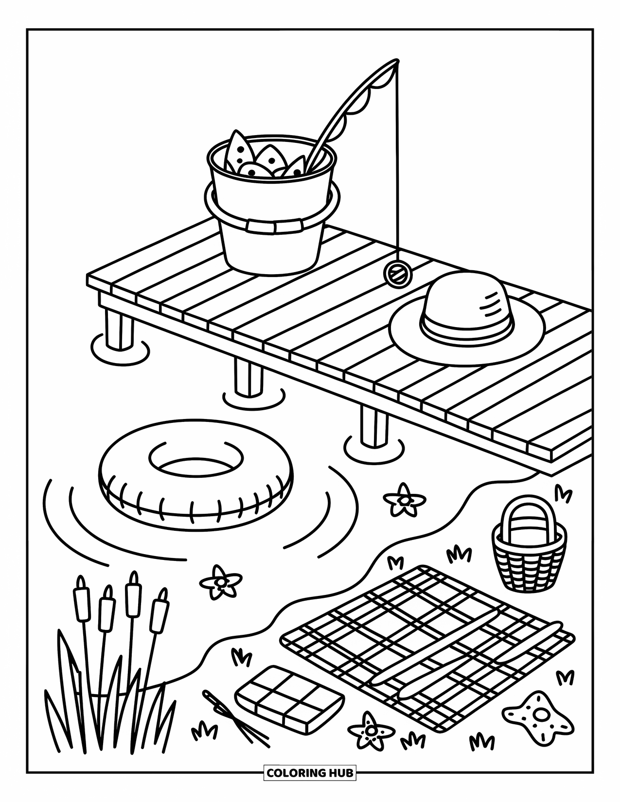 Summer Camp Coloring Page for Adults: A quiet lake dock with reeds, a picnic blanket, and a fishing rod