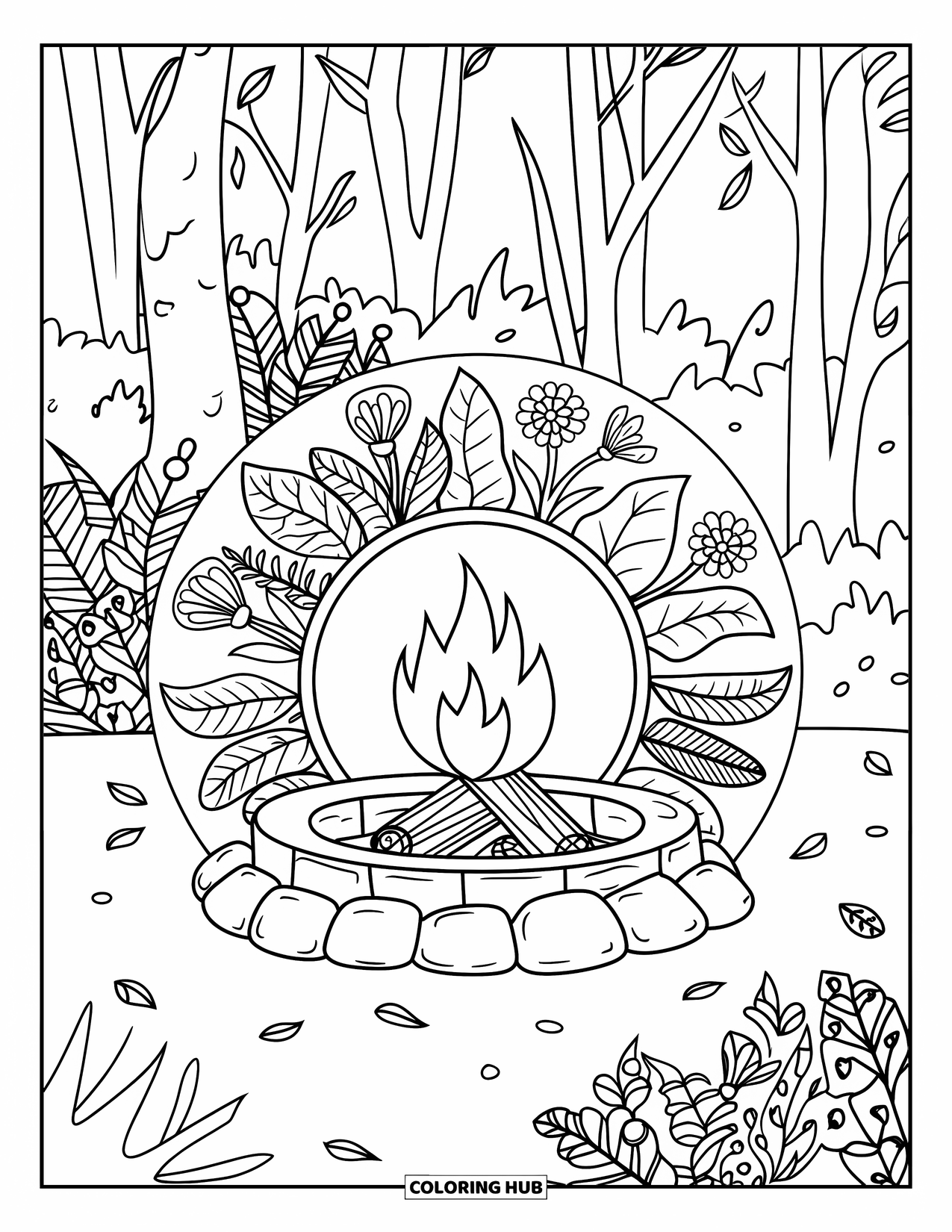 Summer Camp Coloring Page for Adults: A stone-ringed firepit surrounded by plants and mandala flowers