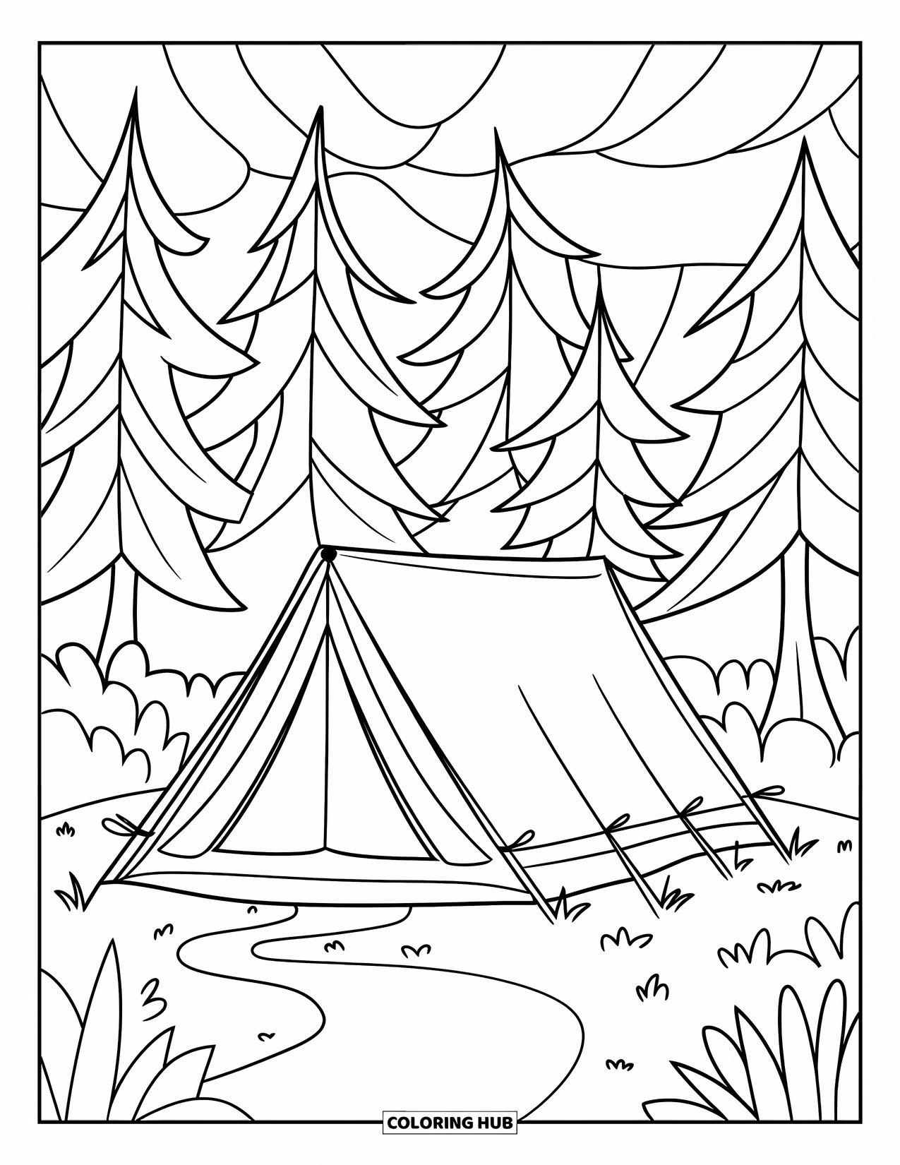 Summer Camp Coloring Page for Adults: A tent in the woods labeled "Camp Haven" surrounded by forest paths