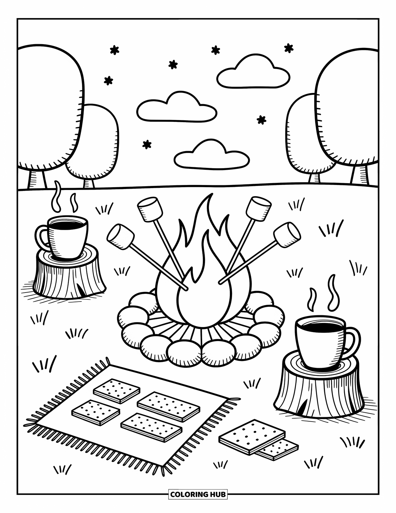 Summer Camp Coloring Page for Adults: A warm campfire scene with mugs, trees, stars, and soft clouds above