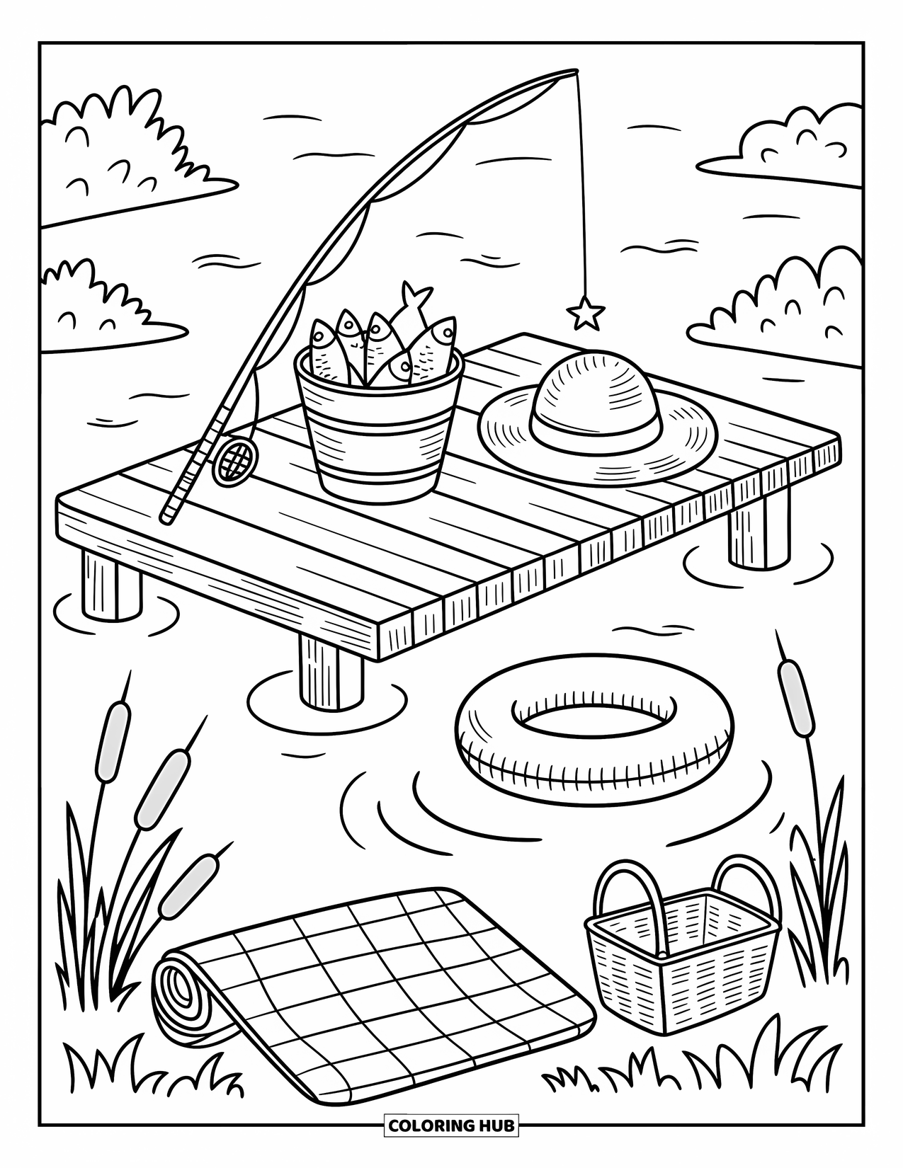 Summer Camp Coloring Page for Adults: A wooden dock with a fishing rod, bucket of fish, and floating inner tube