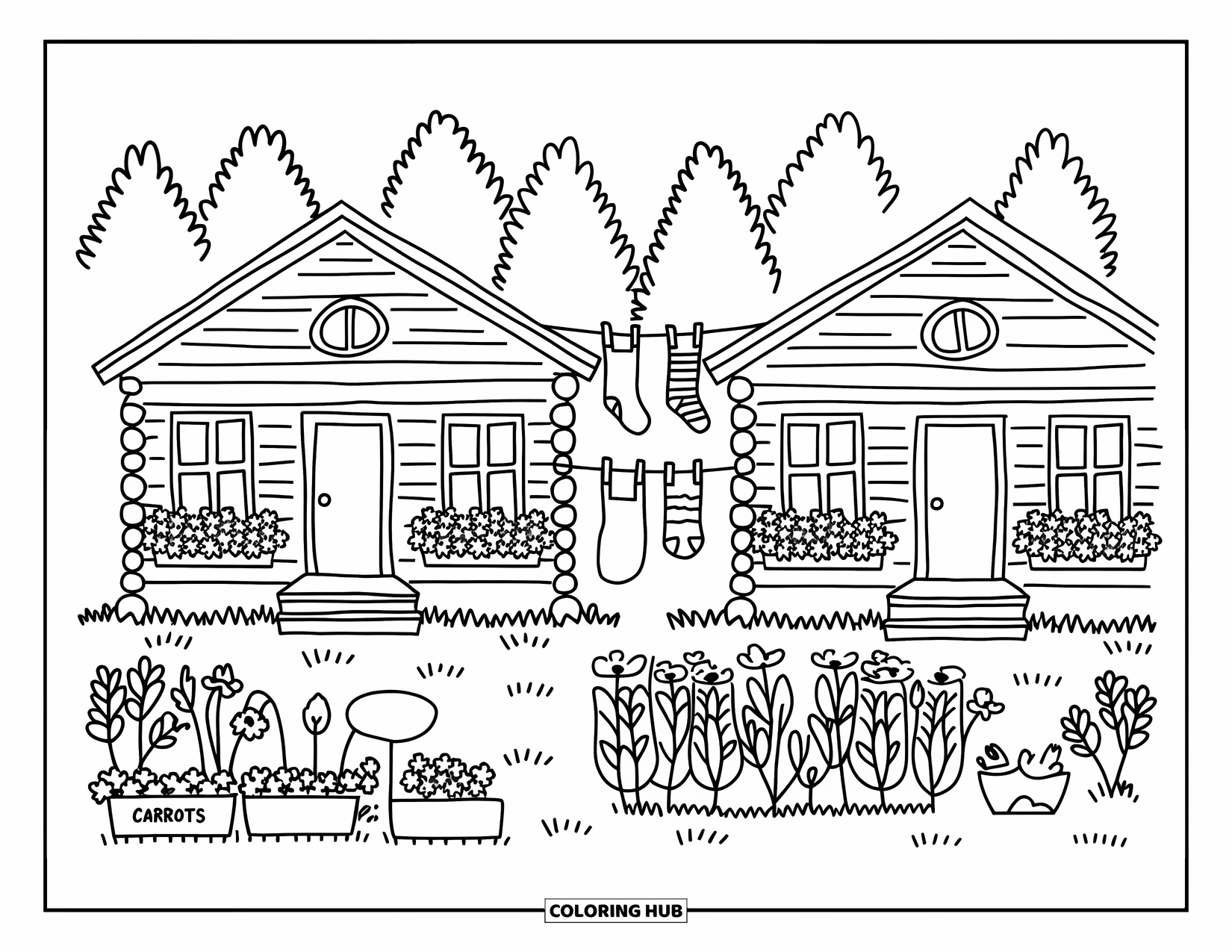 Summer Camp Coloring Page for Adults: Side-by-side cabins with blossoms, towels, and garden signs reading ìCarrotsî and ìTomatoes.î