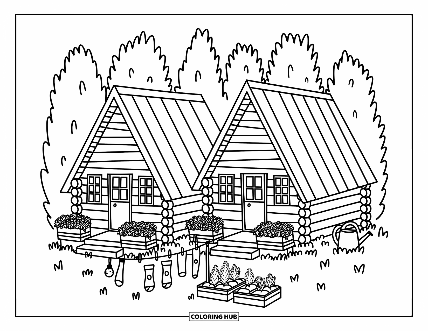 Summer Camp Coloring Page for Adults: Two cozy cabins with porches, flower boxes, and a clothesline between them