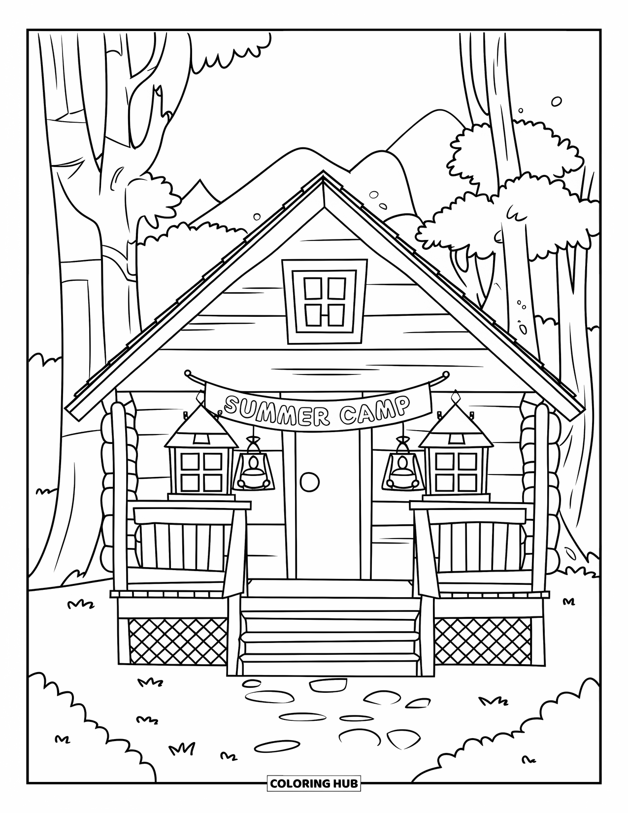 Summer Camp Coloring Page for Kids: A cabin with lanterns and banner surrounded by tall trees