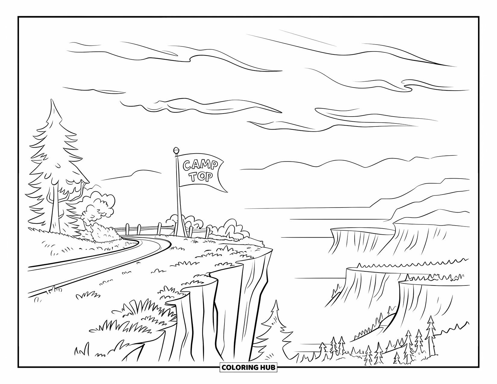 Summer Camp Coloring Page for Kids: A "Camp Top" lookout with a road, trees, and mountain views