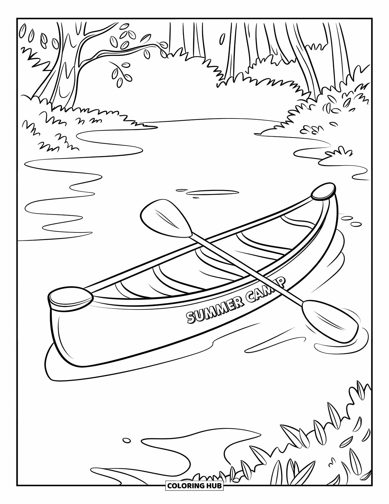 Summer Camp Coloring Page for Kids: A canoe floating peacefully on the water near green trees