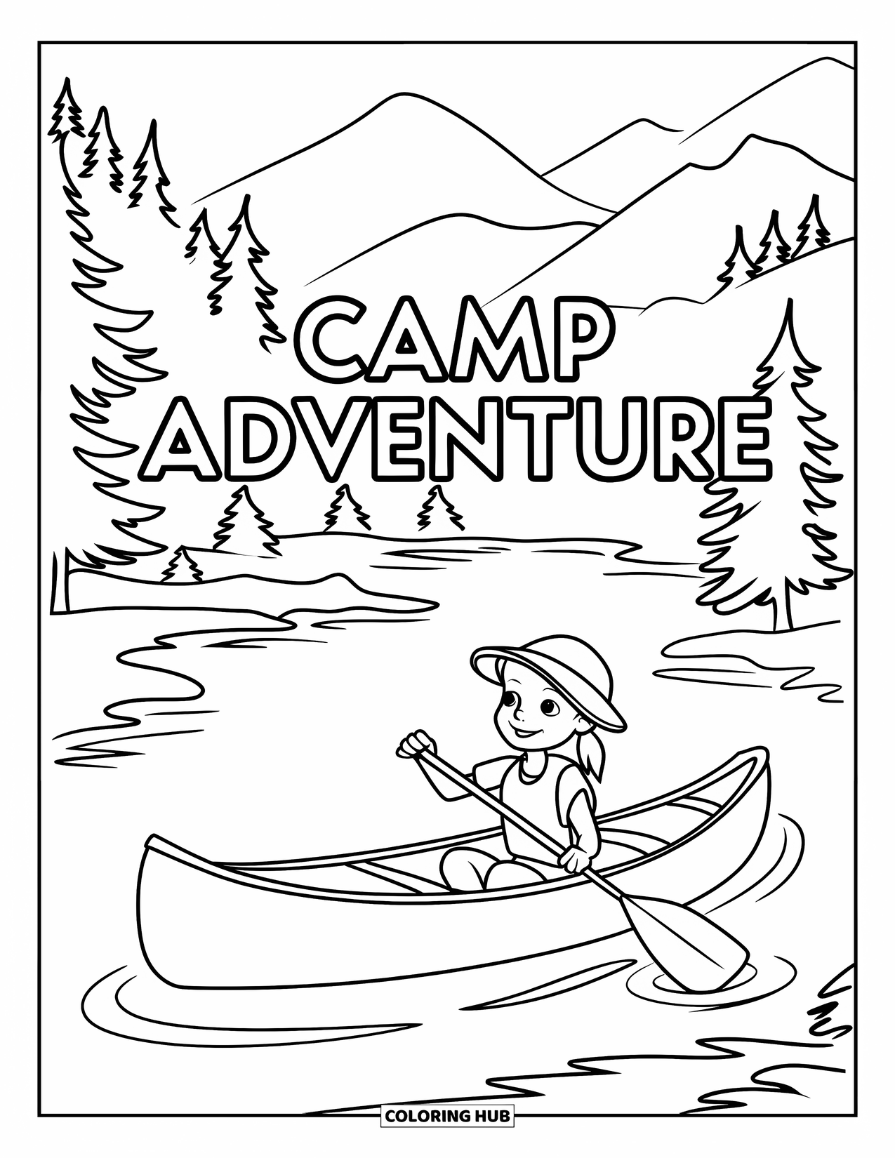 Summer Camp Coloring Page for Kids: A cheerful camper canoeing across a calm mountain lake