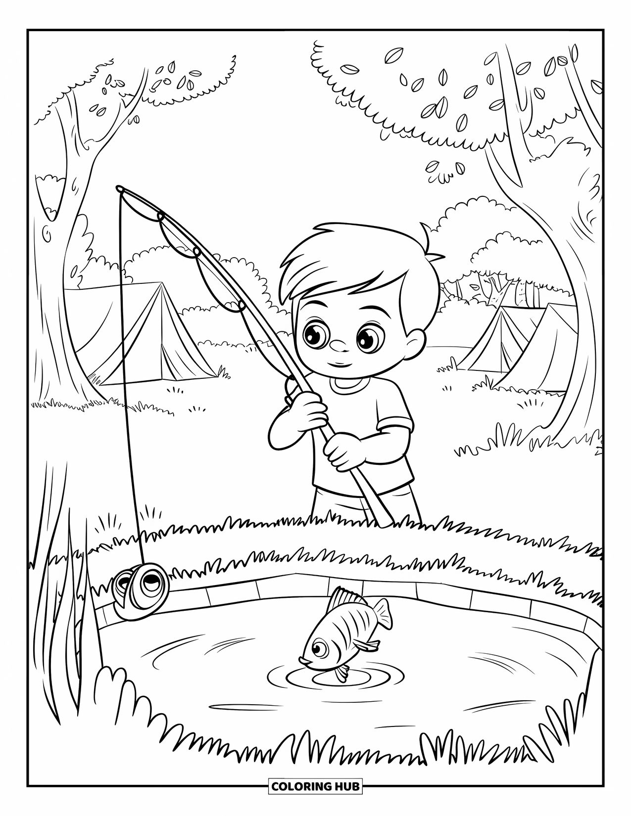 Summer Camp Coloring Page for Kids: A cheerful child fishing near camp tents and trees