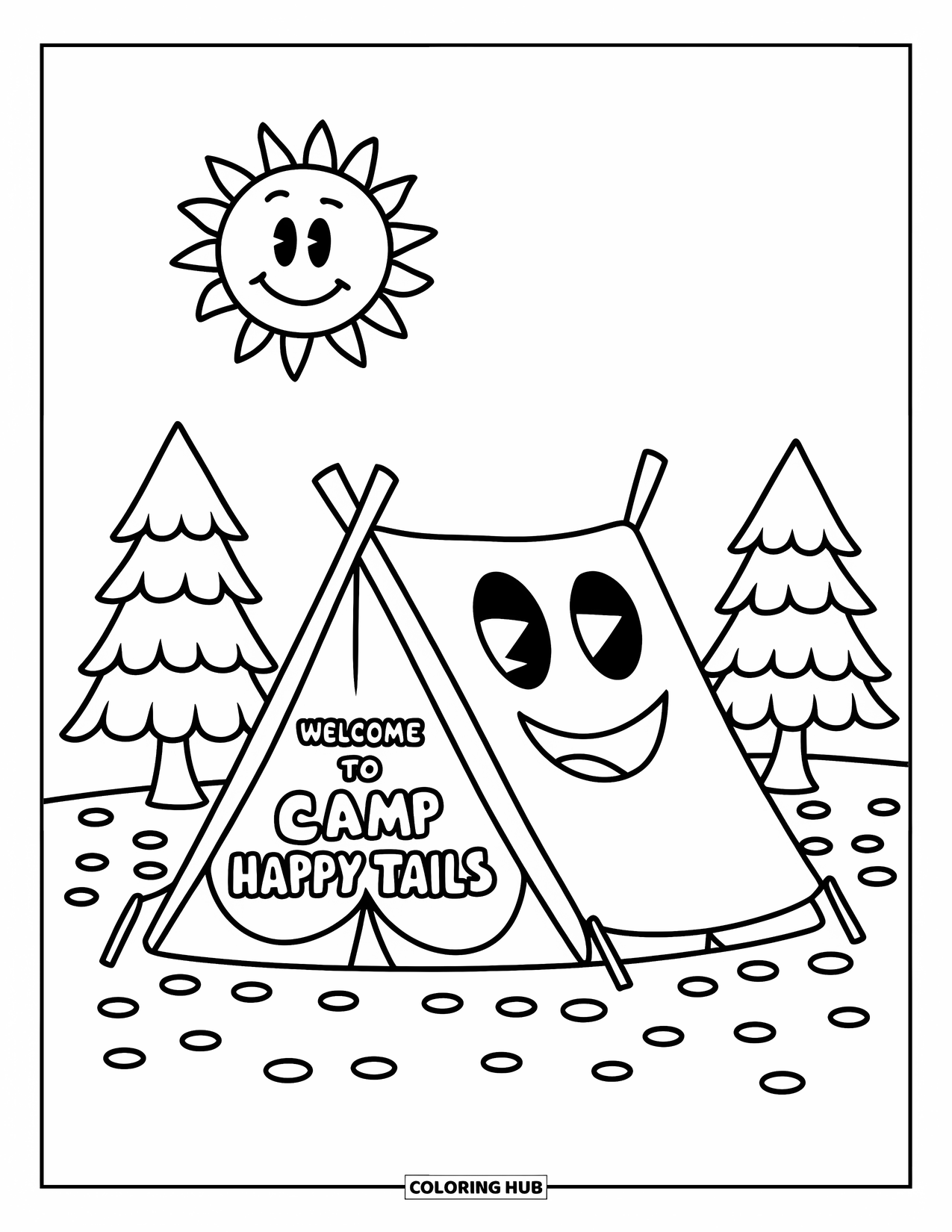 Summer Camp Coloring Page for Kids: A cheerful tent with a smiley sun and "Camp Happy Tails" sign