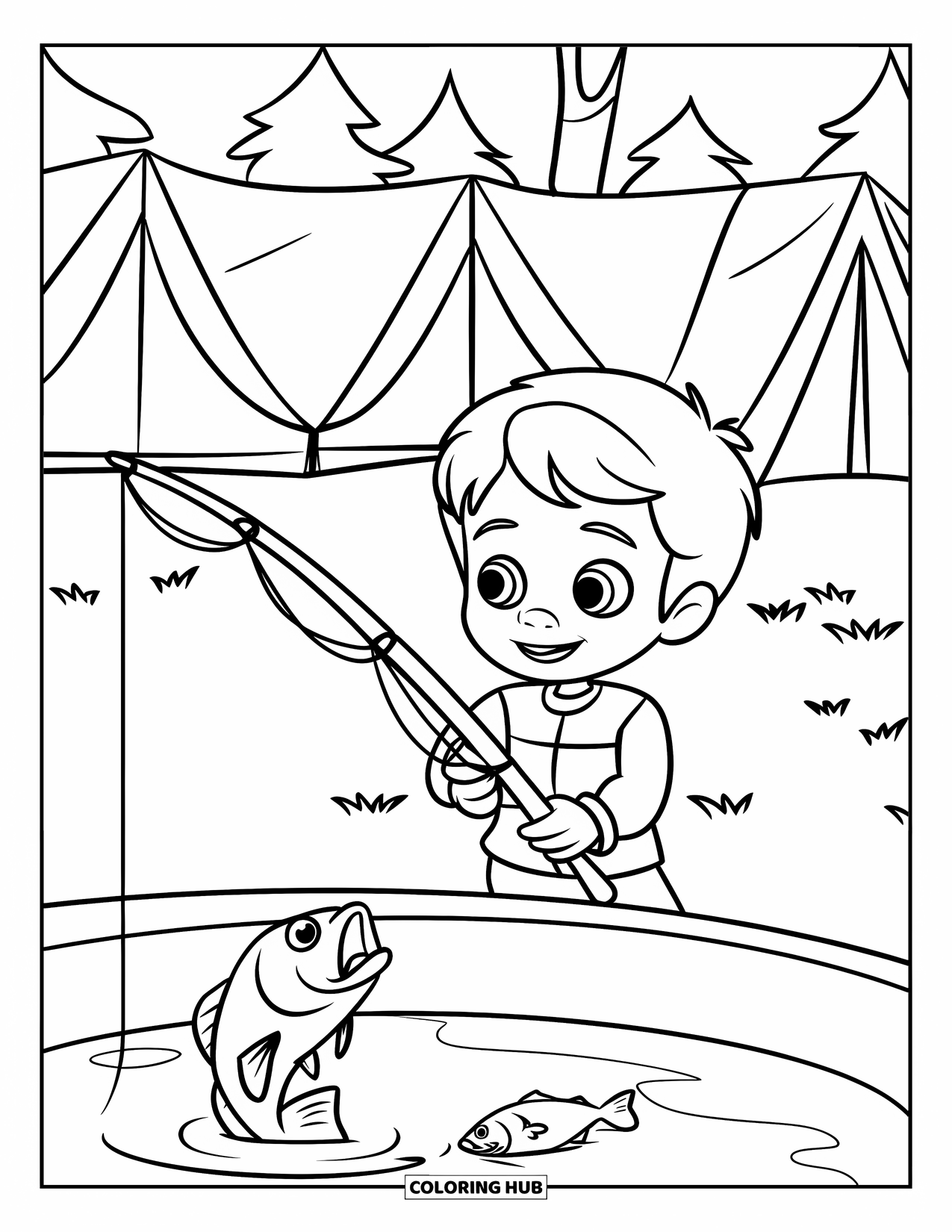 Summer Camp Coloring Page for Kids: A child fishing by a pond with a fish leaping from the water