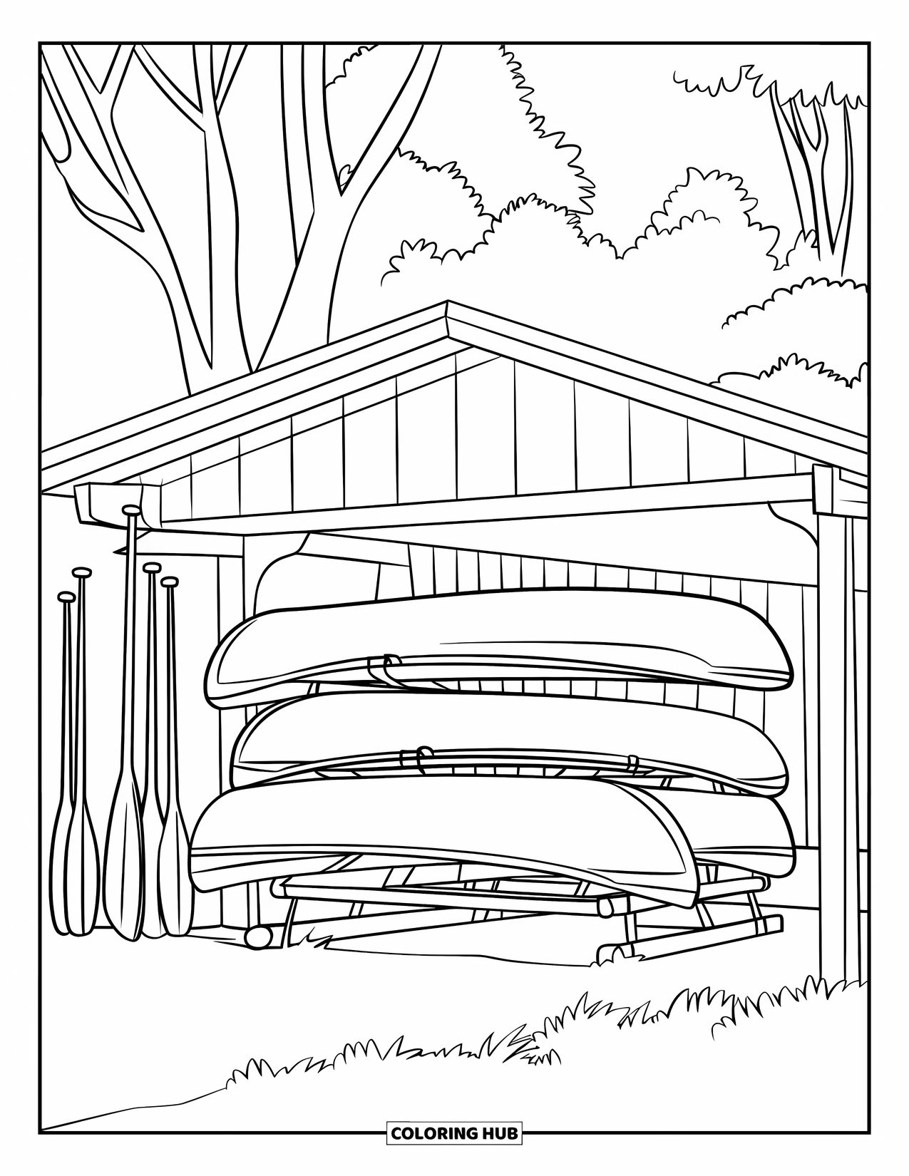 Summer Camp Coloring Page for Kids: A cozy camp boathouse with stacked canoes and leaning paddles