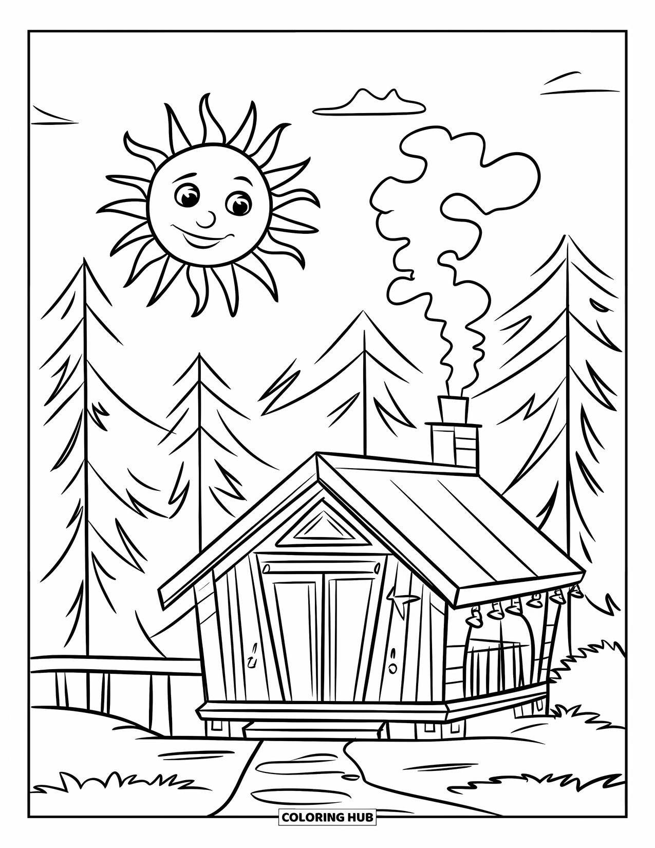 Summer Camp Coloring Page for Kids: A cozy camp cabin with smoke rising and a smiling sun
