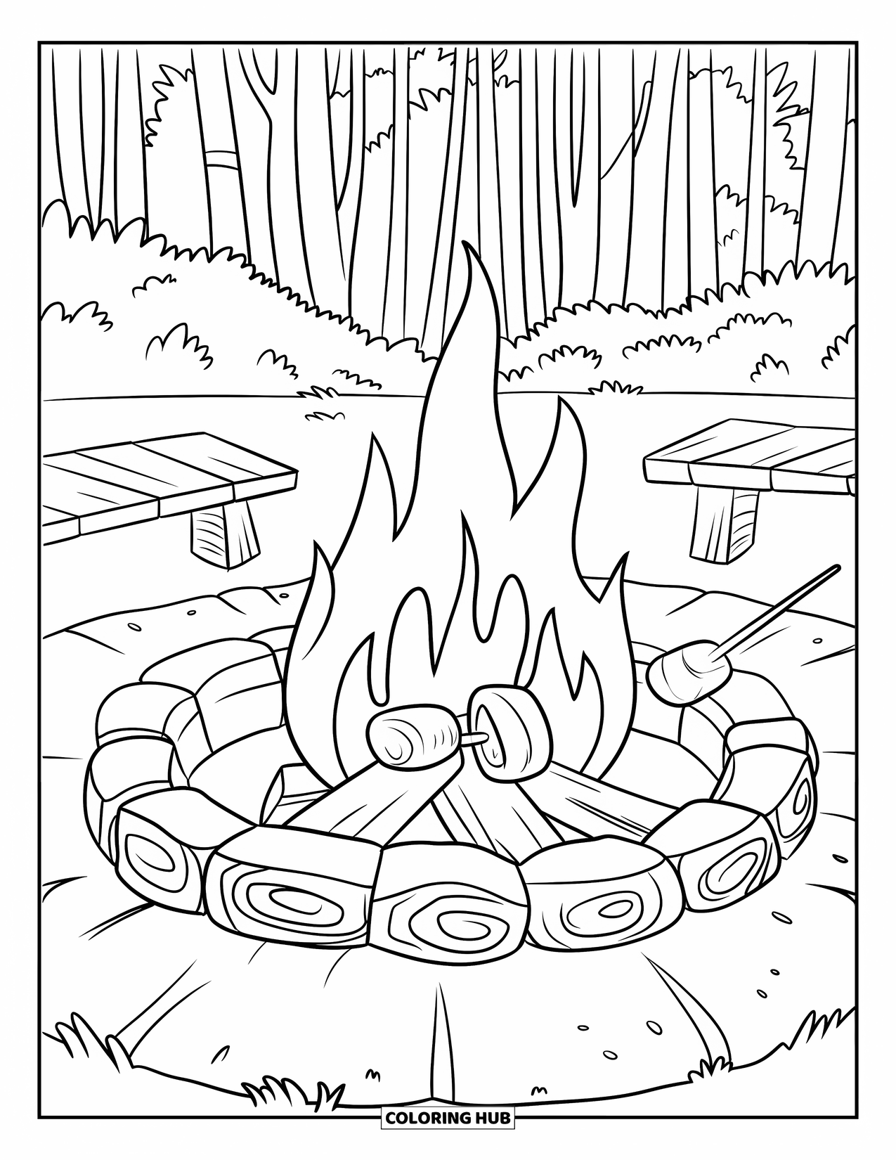 Summer Camp Coloring Page for Kids: A forest fire pit with marshmallows roasting over bright flames