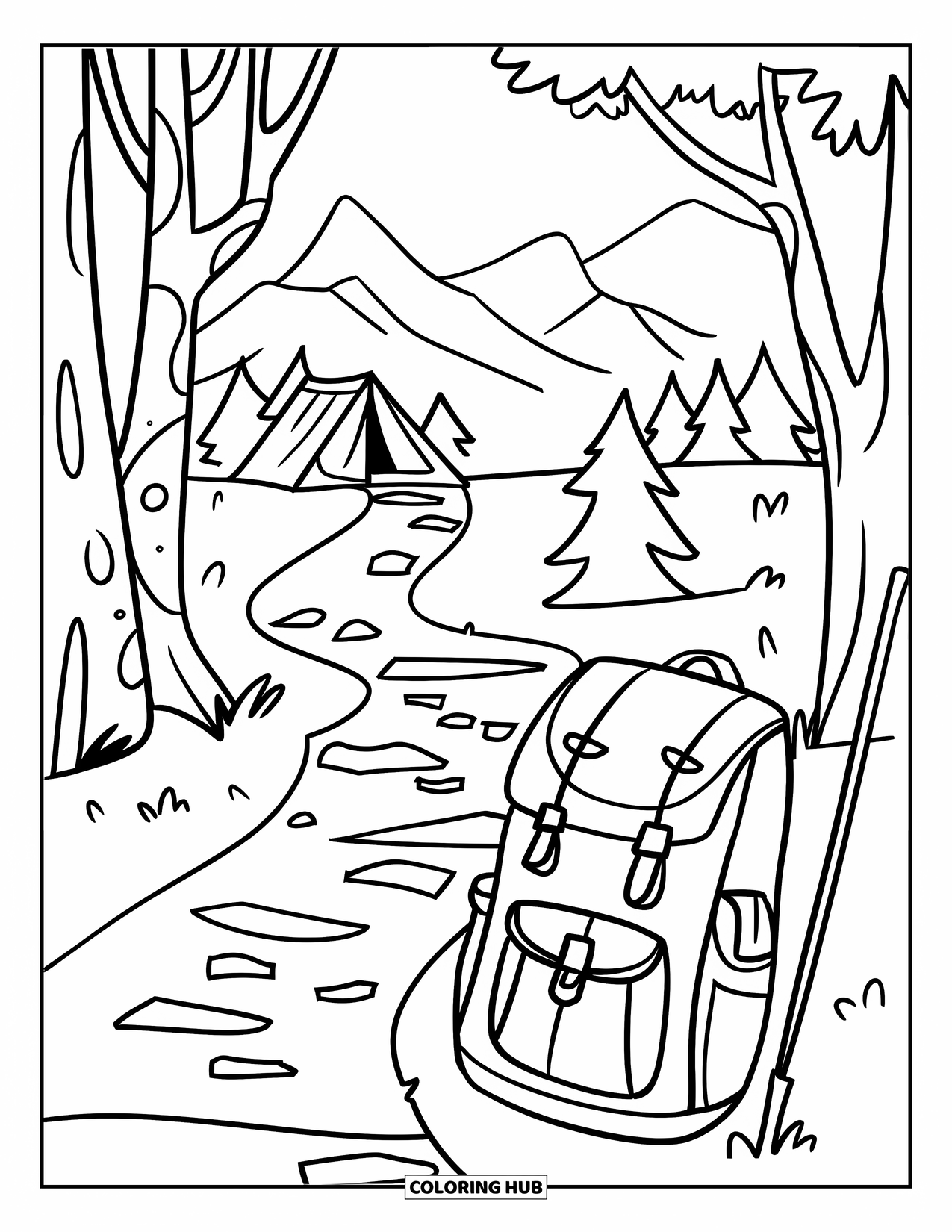 Summer Camp Coloring Page for Kids: A forest trail leading to camp with a backpack and stick