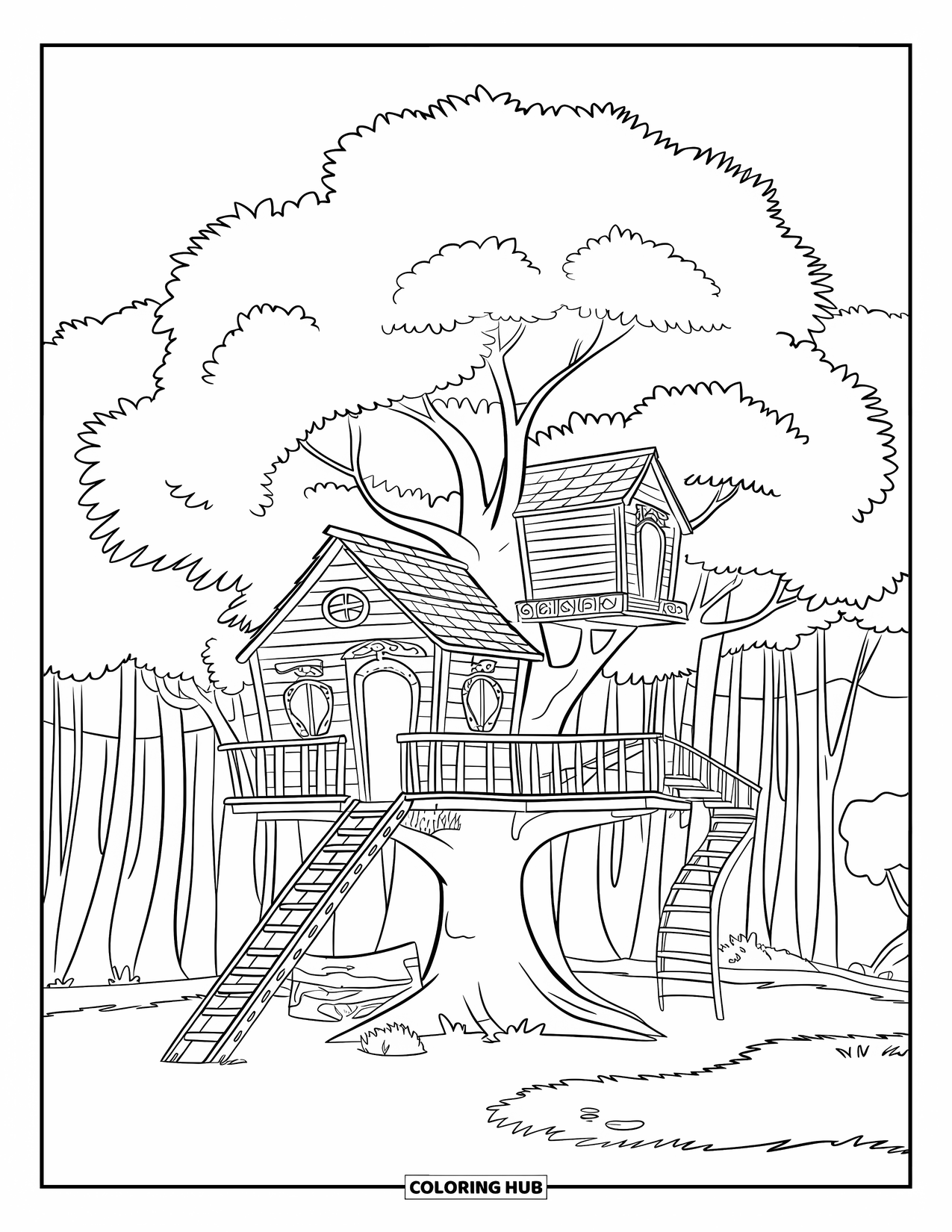 Summer Camp Coloring Page for Kids: A forest treehouse with bridges connecting wooden platforms