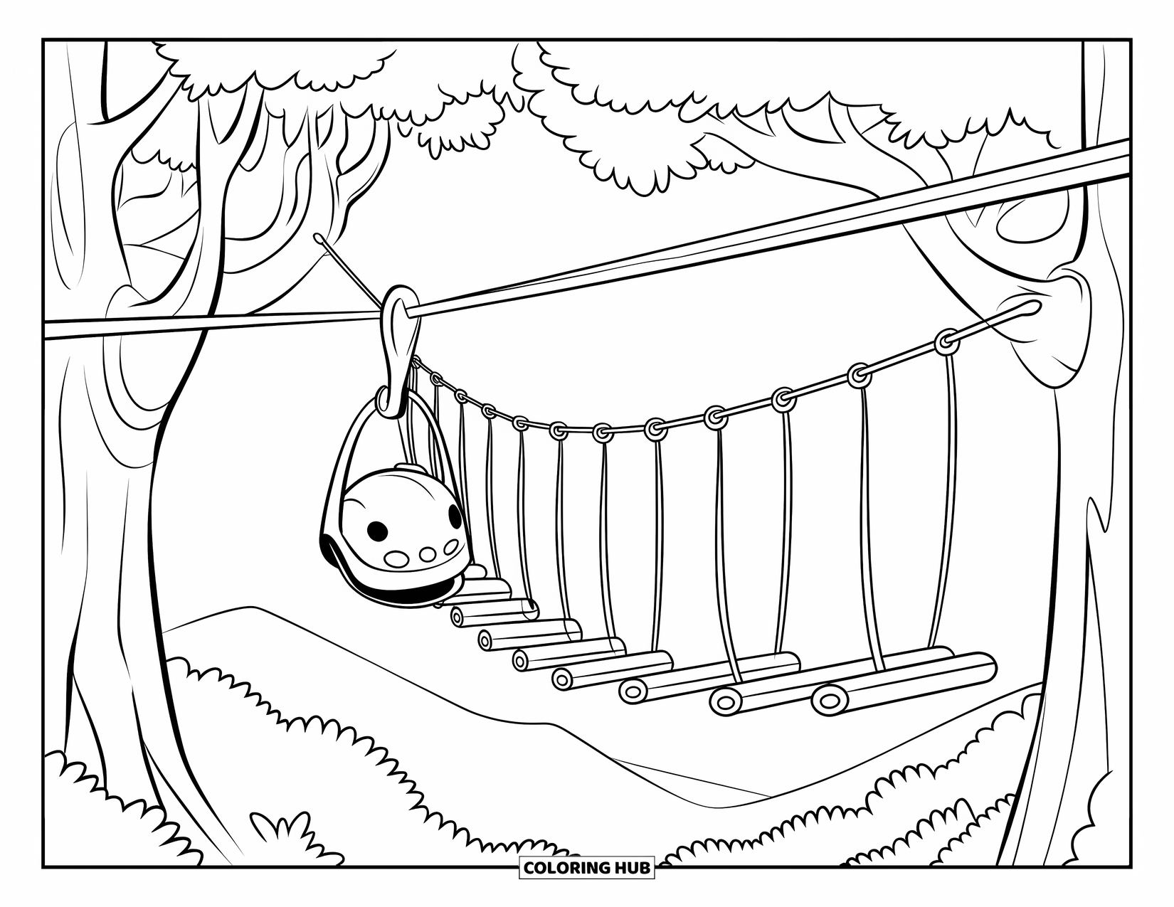 Summer Camp Coloring Page for Kids: A forest zipline course with helmets and cables between trees