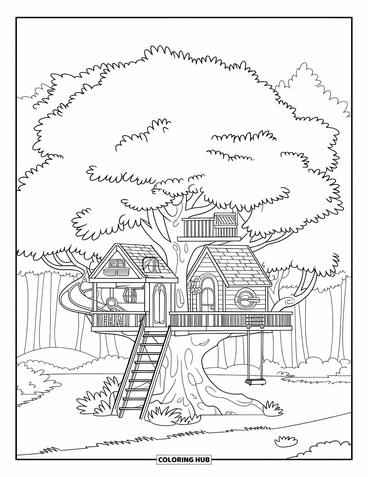 Summer Camp Coloring Page for Kids: A fun multi-level treehouse with slides, ladders, and swings