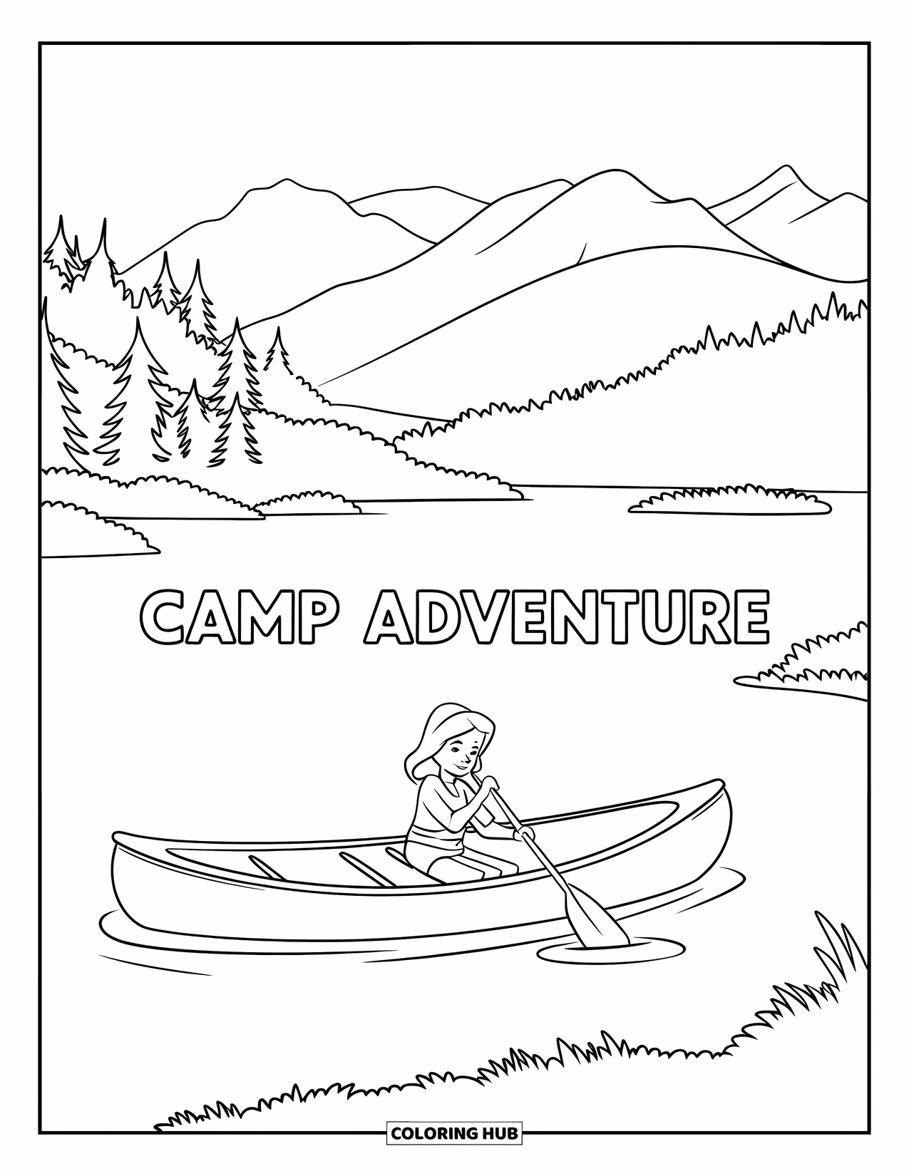 Summer Camp Coloring Page for Kids: A girl canoeing on Camp Adventure Lake surrounded by trees