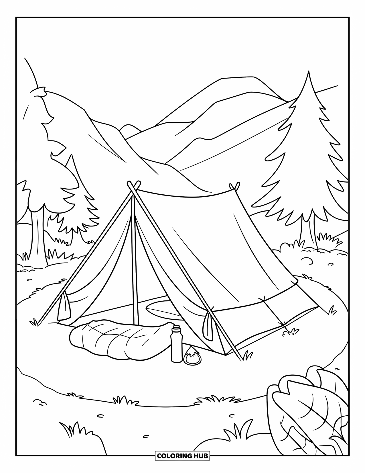 Summer Camp Coloring Page for Kids: A grassy campsite with a tent, sleeping bag, and mountains