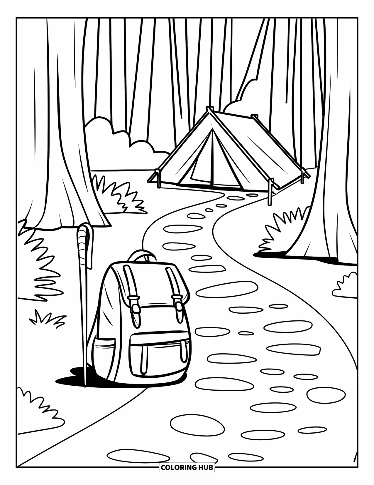 Summer Camp Coloring Page for Kids: A hiking trail to camp with trees, mountains, and a backpack