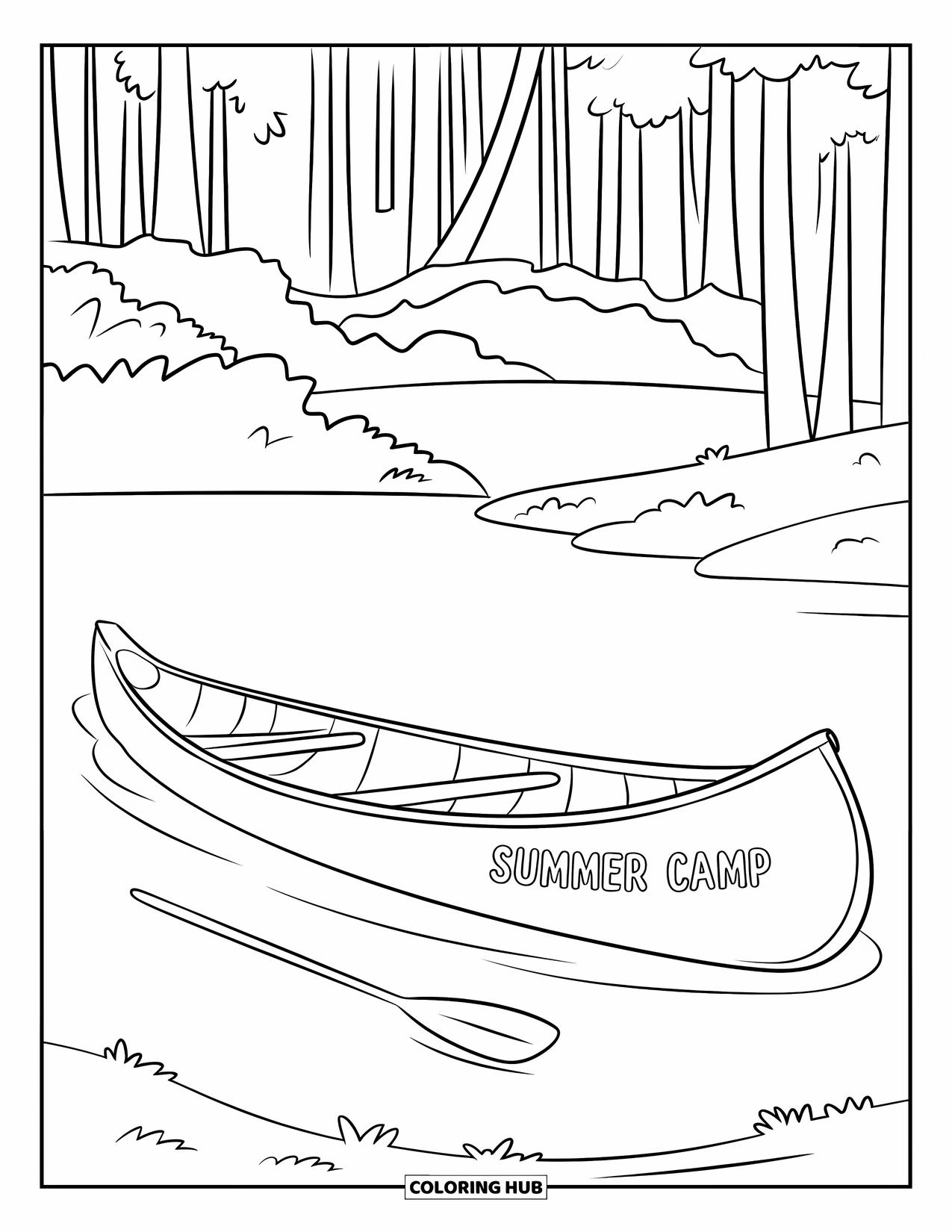Summer Camp Coloring Page for Kids: A simple canoe and paddle on a calm lake near trees