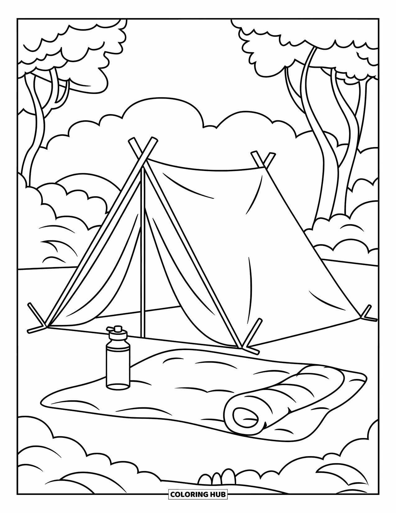 Summer Camp Coloring Page for Kids: A small tent setup with sleeping bag and bottle near trees