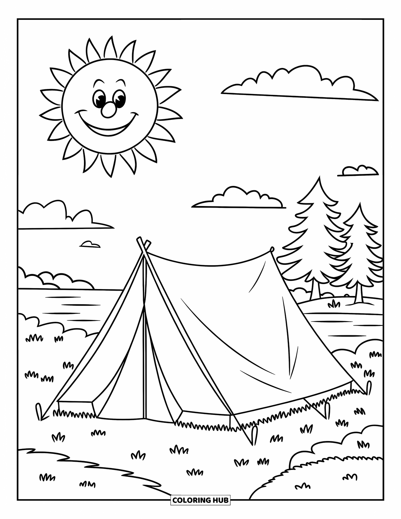 Summer Camp Coloring Page for Kids: A smiling tent beside a lake with trees and clouds above