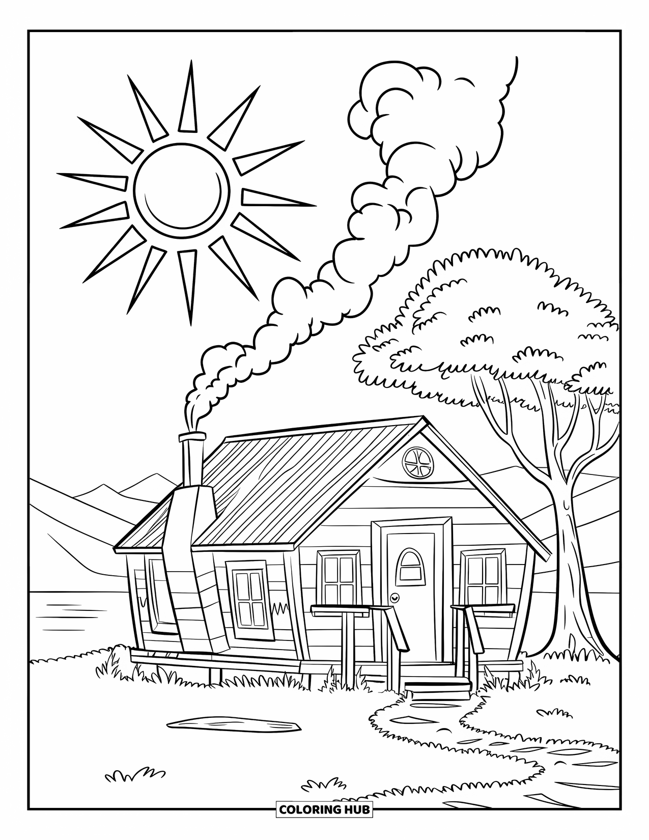 Summer Camp Coloring Page for Kids: A sunny camp cabin with trees, mountains, and calm water