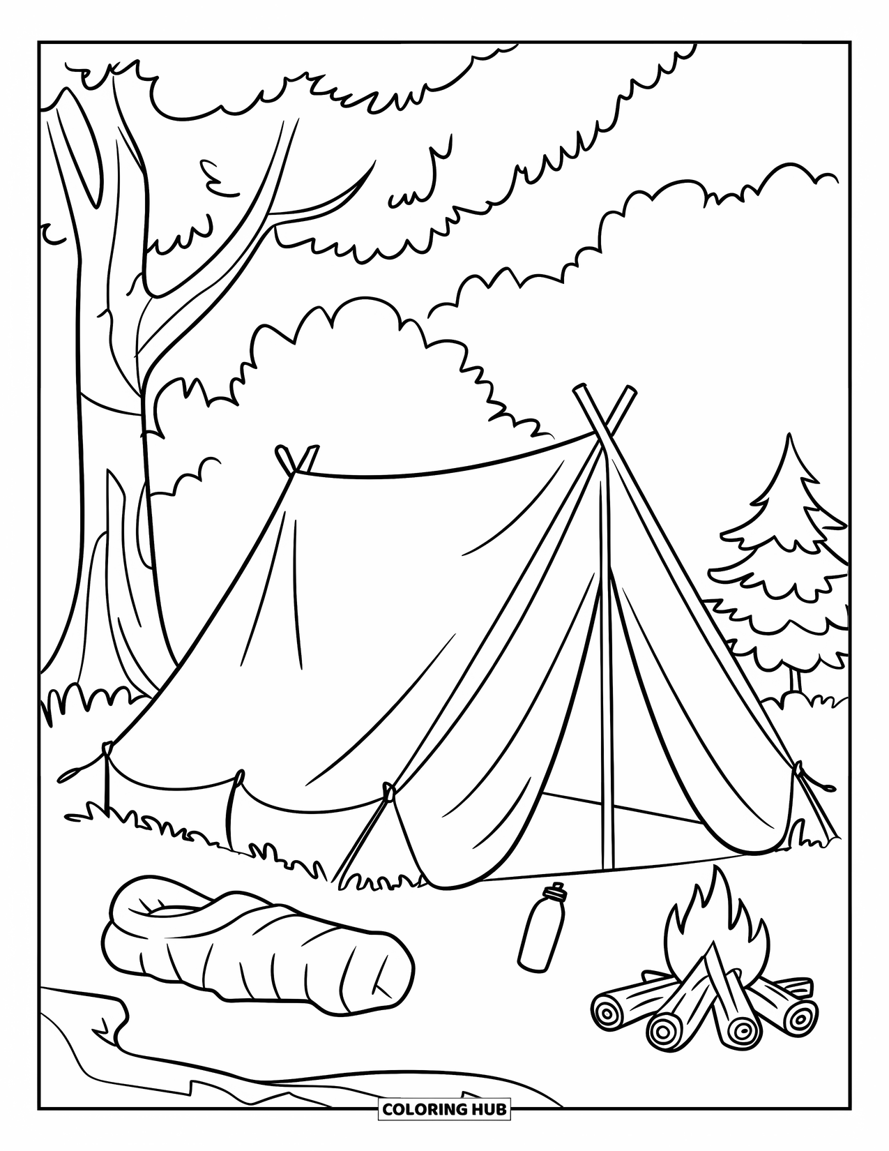 Summer Camp Coloring Page for Kids: A tent with a sleeping bag and bottle at a quiet campsite