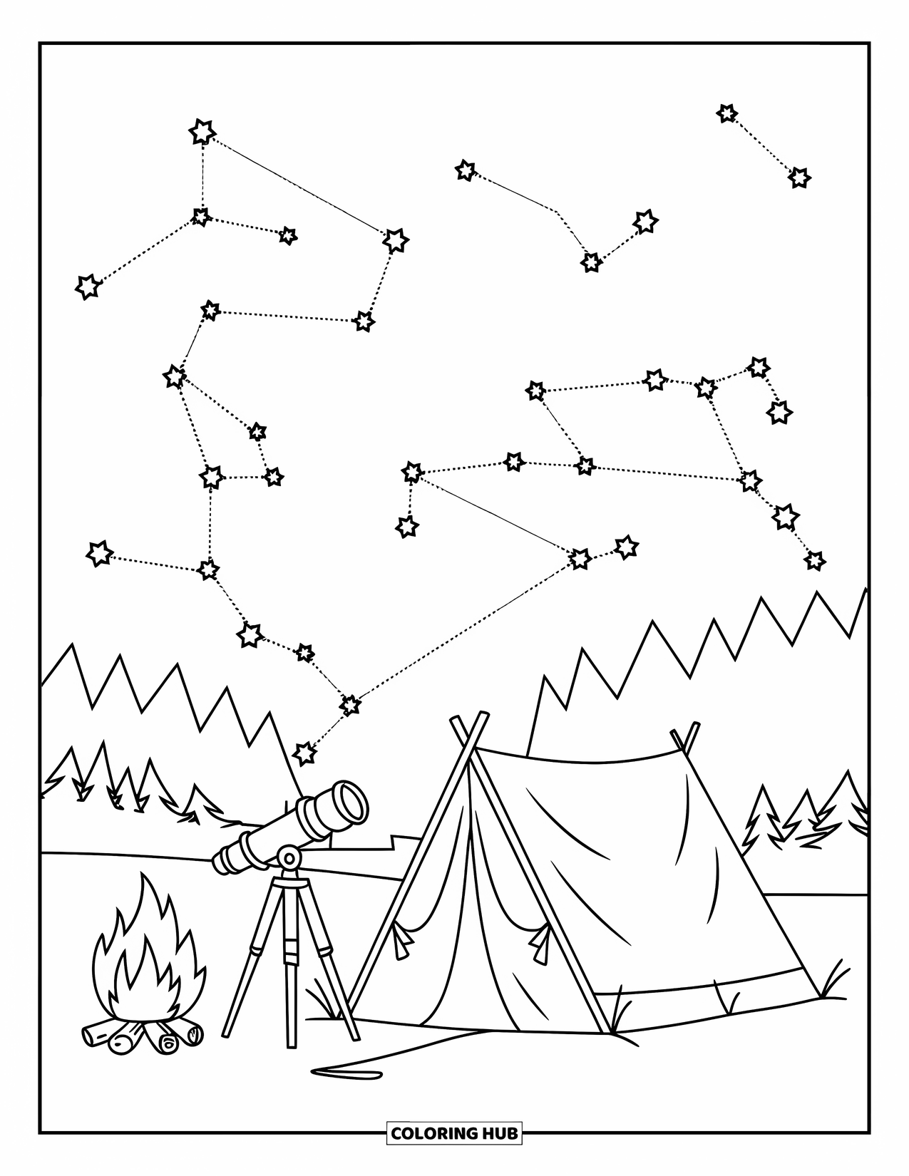 Summer Camp Coloring Page for Kids: A tent with a telescope under a sky full of sparkling stars