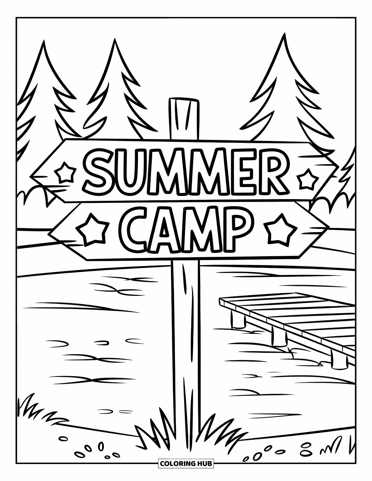 Summer Camp Coloring Page for Kids: A wooden camp signpost reading "Summer Camp" by the lake