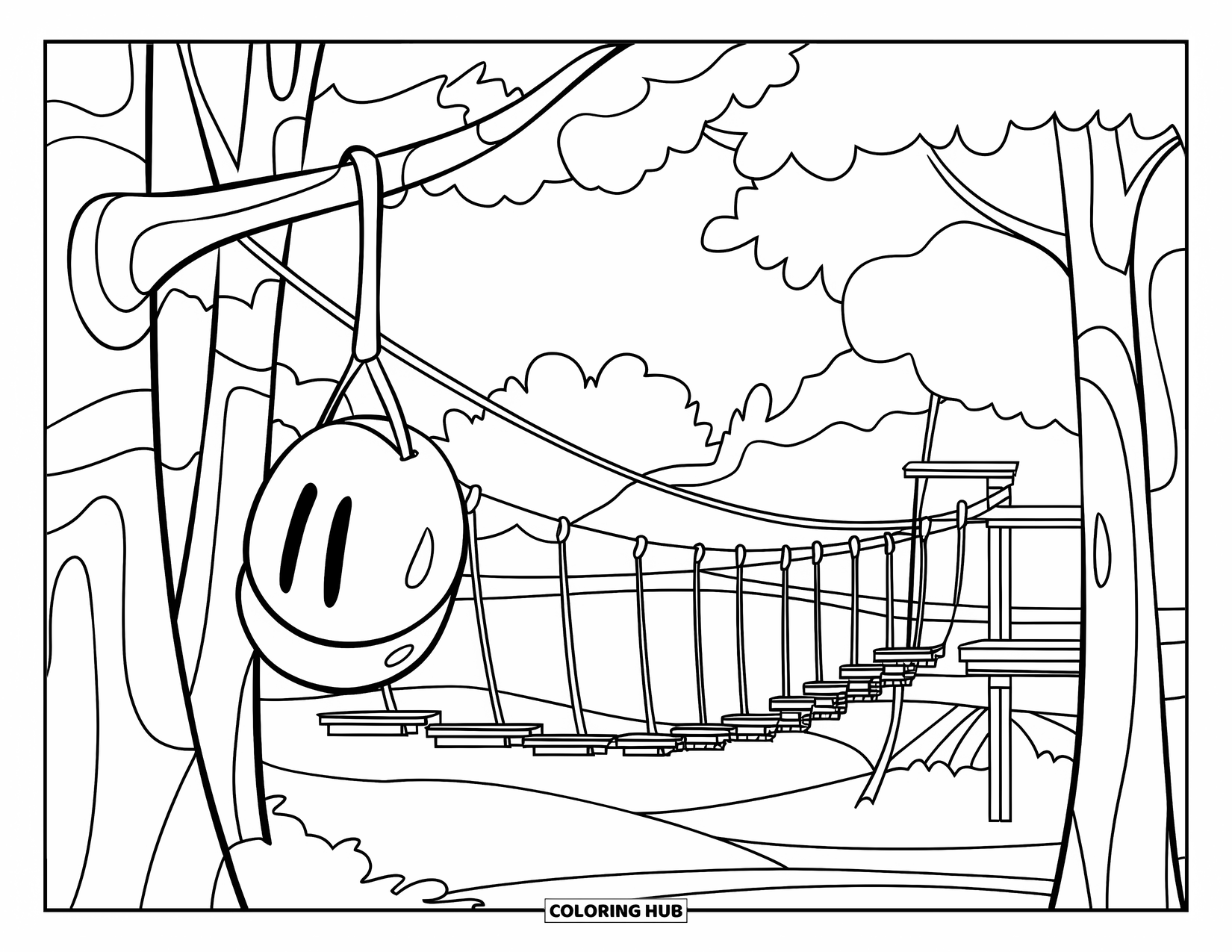 Summer Camp Coloring Page for Kids: A zipline course through the woods with hanging helmets