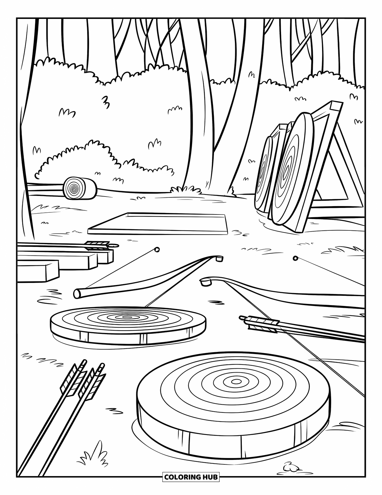 Summer Camp Coloring Page for Kids: Bows and arrows lined up at a forest archery field