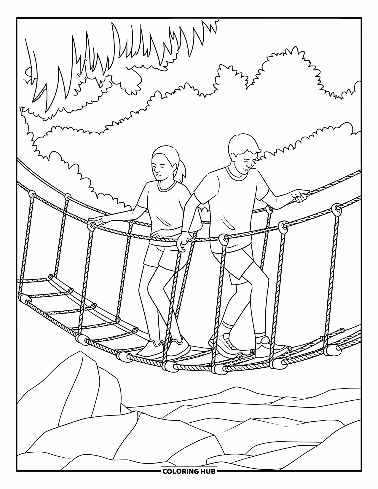 Summer Camp Coloring Page for Kids: Two campers crossing a rope bridge high above rocky terrain