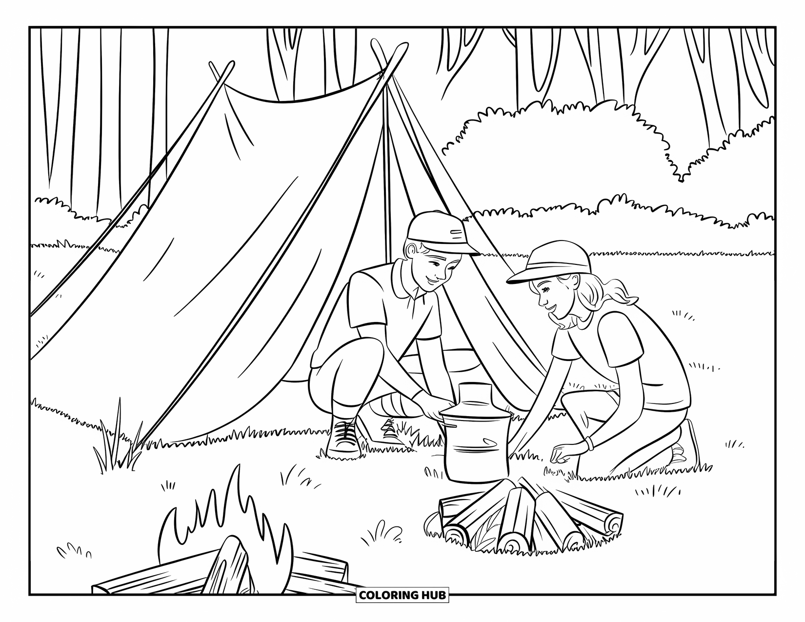 Summer Camp Coloring Page for Kids: Two teens pitching a tent near a campfire surrounded by trees