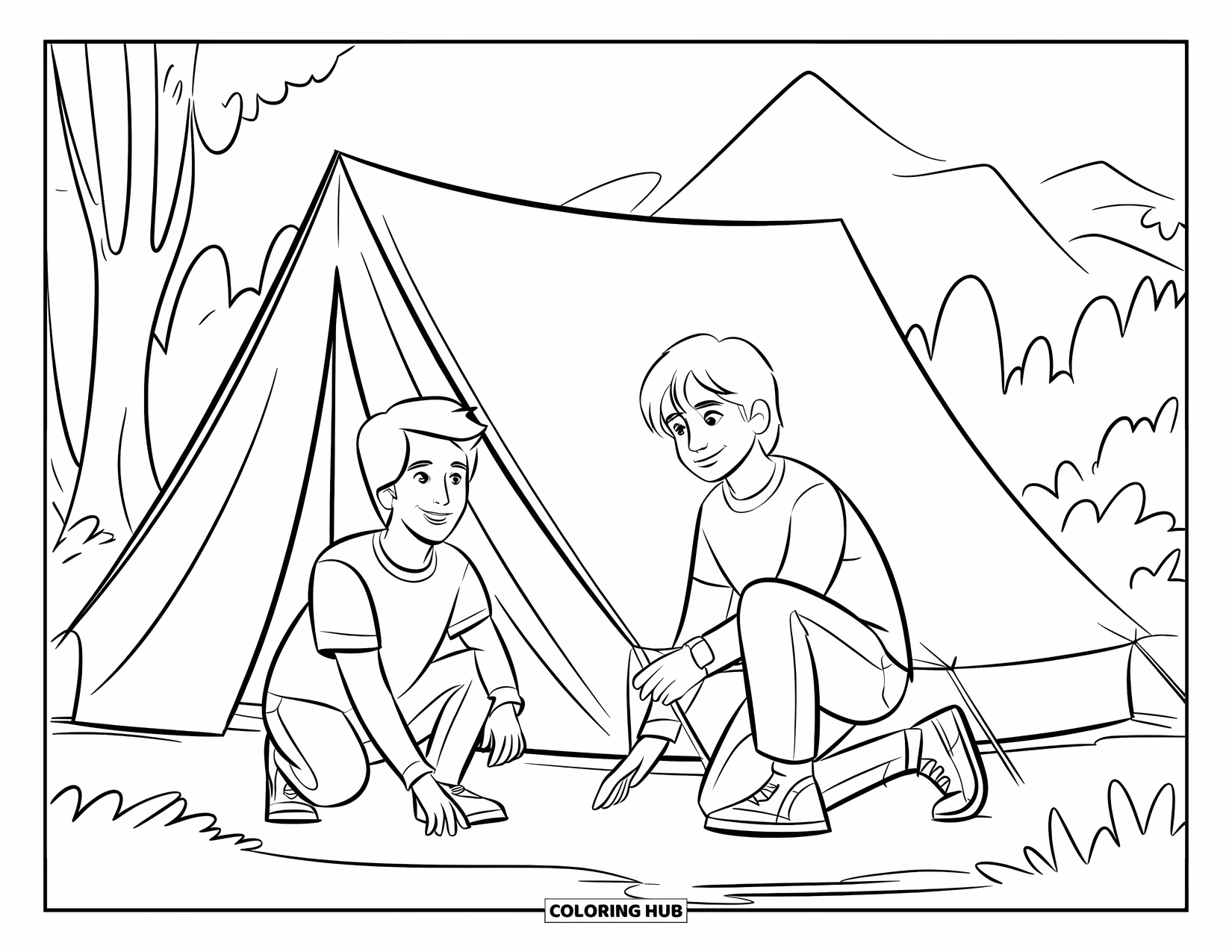 Summer Camp Coloring Page for Kids: Two teens setting up a tent together on a grassy field at camp