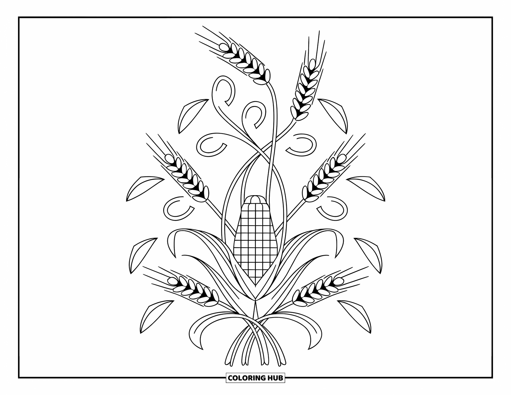 Summer Food Coloring Page for Adults: A central corn cob wrapped in wheat stalks and floral loops