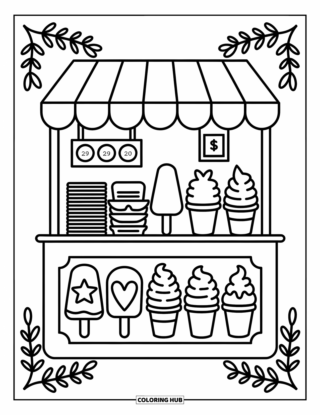 Summer Food Coloring Page for Adults: A cozy kiosk stand selling popsicles and cones on a sunny street